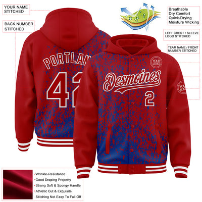 Custom Royal Red-White Abstract Fragment Art 3D Pattern Design Bomber Full-Snap Varsity Letterman Hoodie Jacket