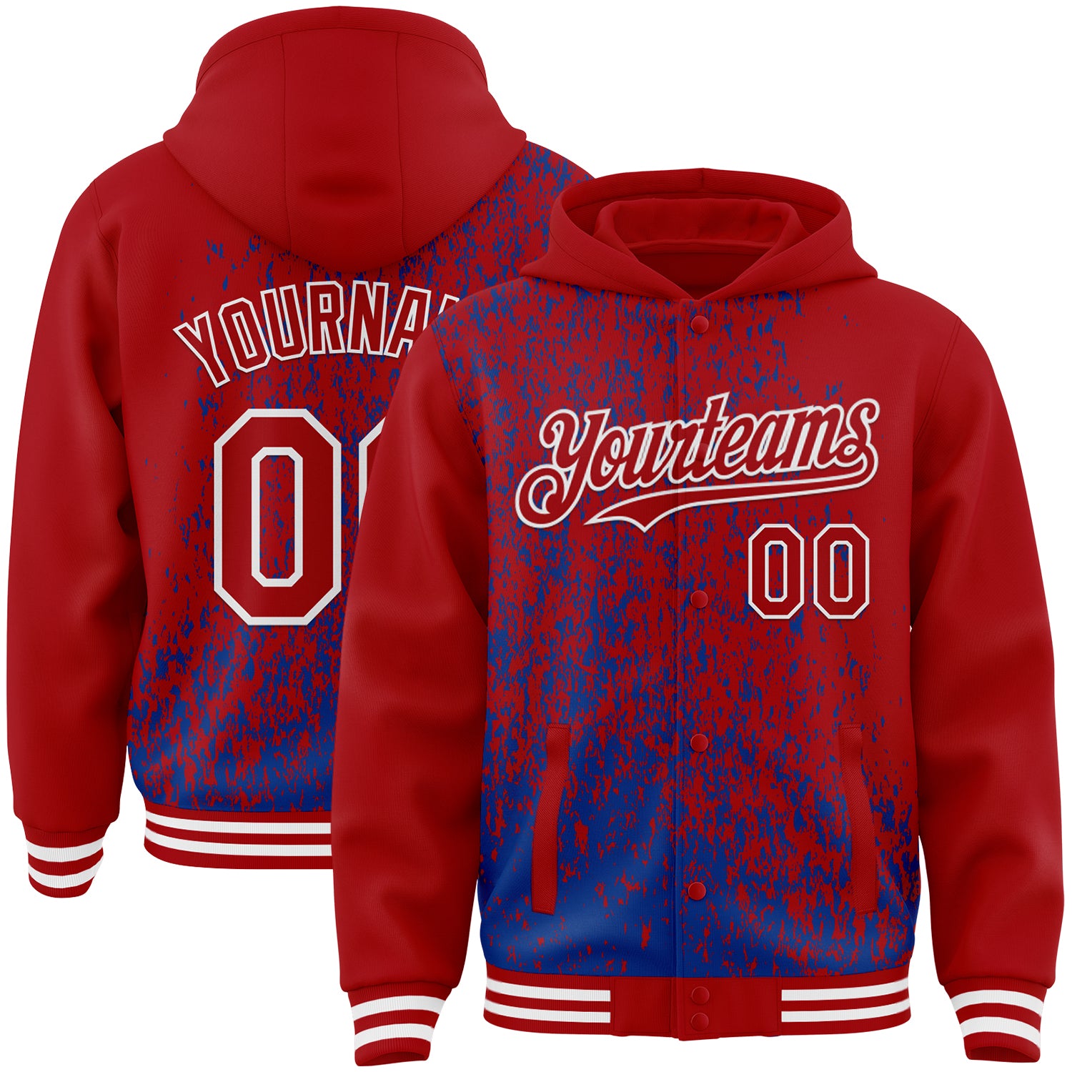 Custom Royal Red-White Abstract Fragment Art 3D Pattern Design Bomber Full-Snap Varsity Letterman Hoodie Jacket