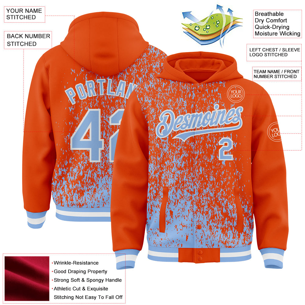 Custom Orange Light Blue-White Abstract Fragment Art 3D Pattern Design Bomber Full-Snap Varsity Letterman Hoodie Jacket