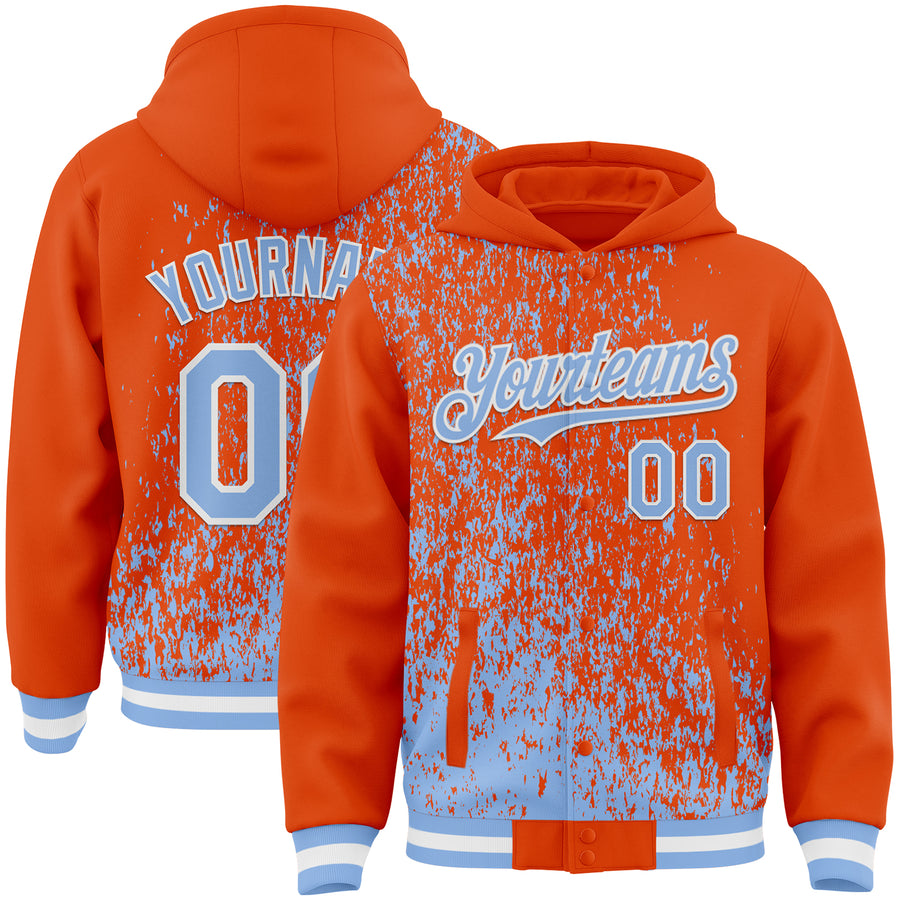 Custom Orange Light Blue-White Abstract Fragment Art 3D Pattern Design Bomber Full-Snap Varsity Letterman Hoodie Jacket