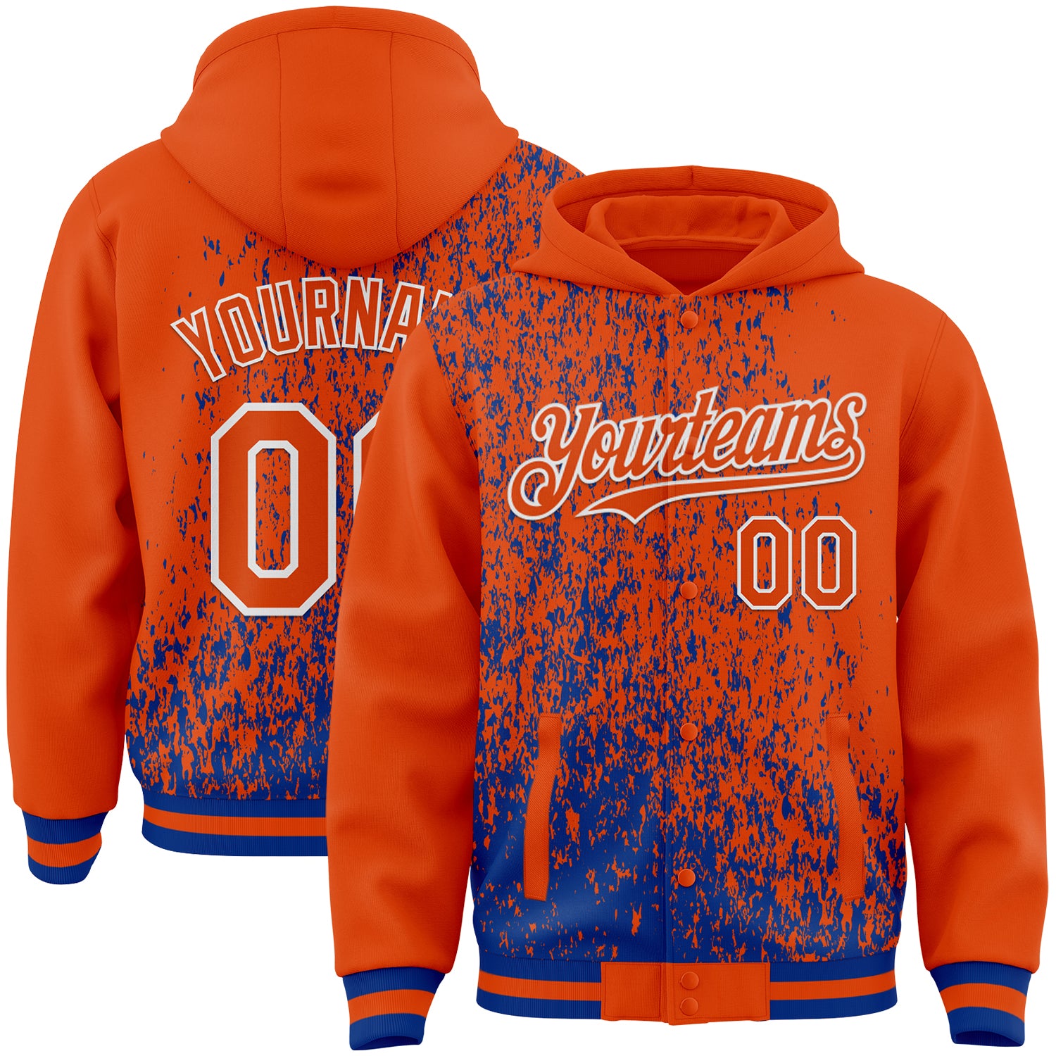 Custom Royal Orange-White Abstract Fragment Art 3D Pattern Design Bomber Full-Snap Varsity Letterman Hoodie Jacket