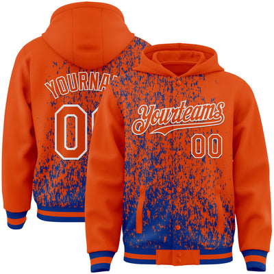 Custom Royal Orange-White Abstract Fragment Art 3D Pattern Design Bomber Full-Snap Varsity Letterman Hoodie Jacket