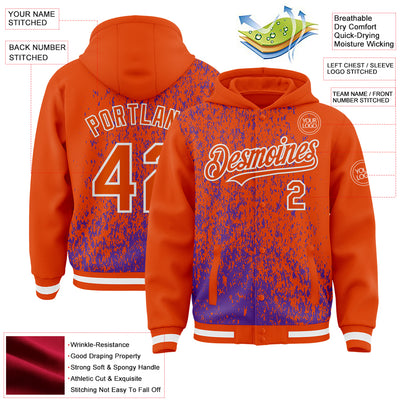 Custom Purple Orange-White Abstract Fragment Art 3D Pattern Design Bomber Full-Snap Varsity Letterman Hoodie Jacket