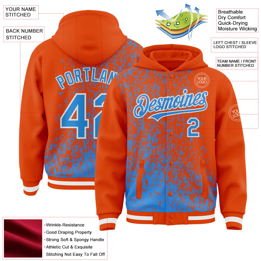Custom Orange Powder Blue-White Abstract Fragment Art 3D Pattern Design Bomber Full-Snap Varsity Letterman Hoodie Jacket