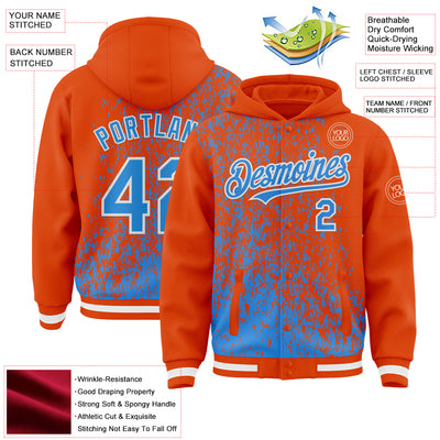 Custom Orange Powder Blue-White Abstract Fragment Art 3D Pattern Design Bomber Full-Snap Varsity Letterman Hoodie Jacket