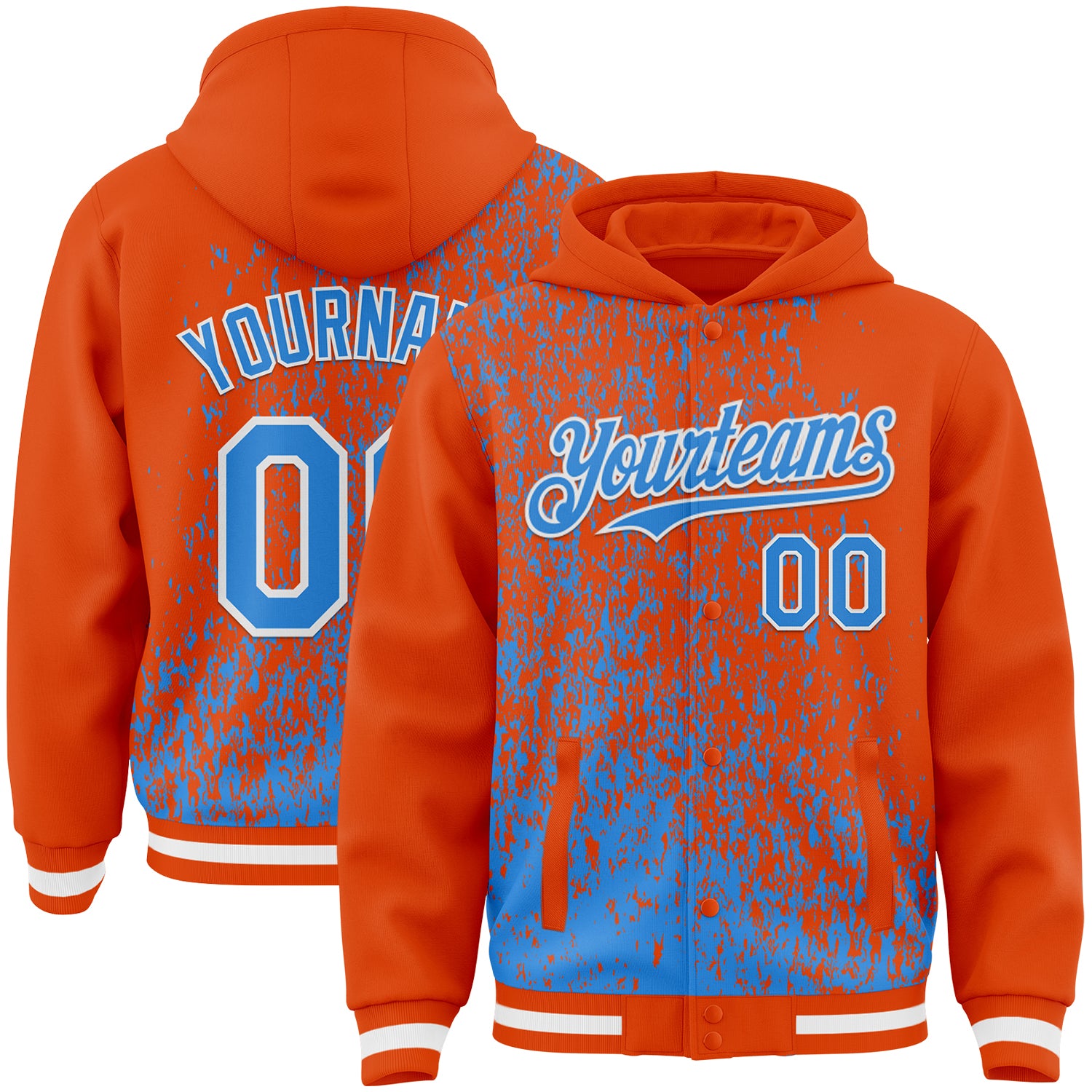 Custom Orange Powder Blue-White Abstract Fragment Art 3D Pattern Design Bomber Full-Snap Varsity Letterman Hoodie Jacket