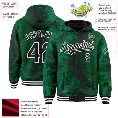 Custom Green Black-White 3D Pattern Design Bomber Full-Snap Varsity Letterman Hoodie Jacket