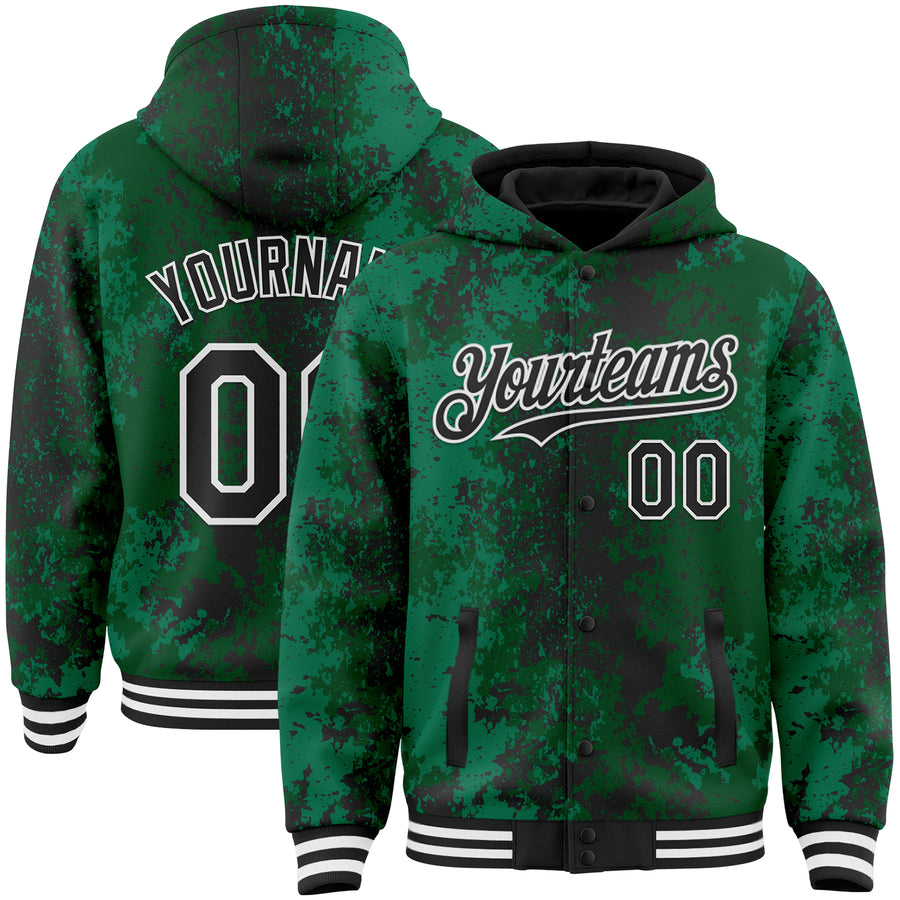 Custom Green Black-White 3D Pattern Design Bomber Full-Snap Varsity Letterman Hoodie Jacket
