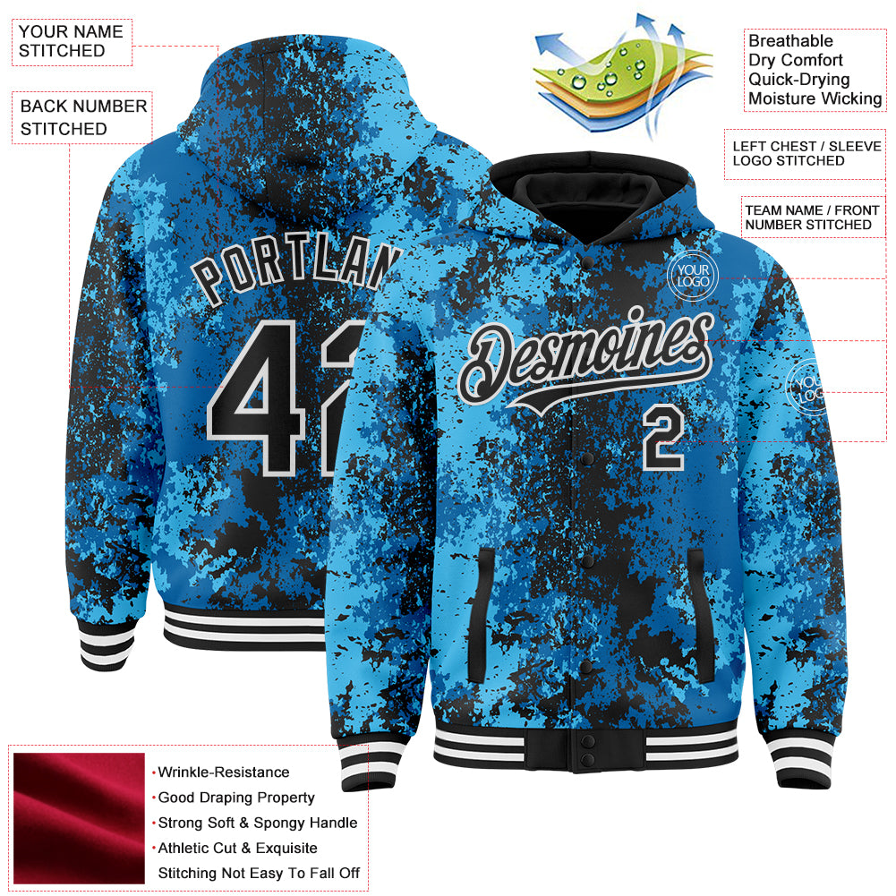 Custom Blue Black-White 3D Pattern Design Bomber Full-Snap Varsity Letterman Hoodie Jacket