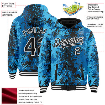 Custom Blue Black-White 3D Pattern Design Bomber Full-Snap Varsity Letterman Hoodie Jacket