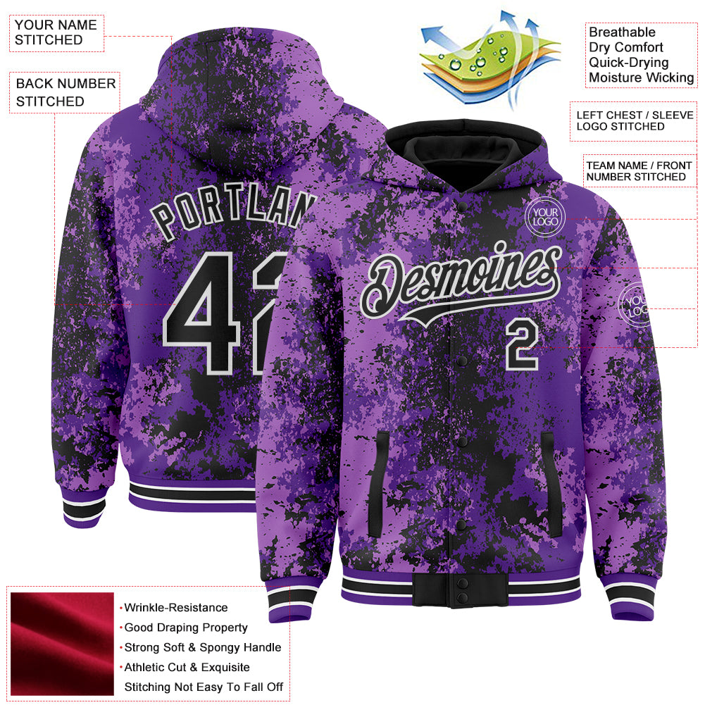 Custom Purple Black-White 3D Pattern Design Bomber Full-Snap Varsity Letterman Hoodie Jacket