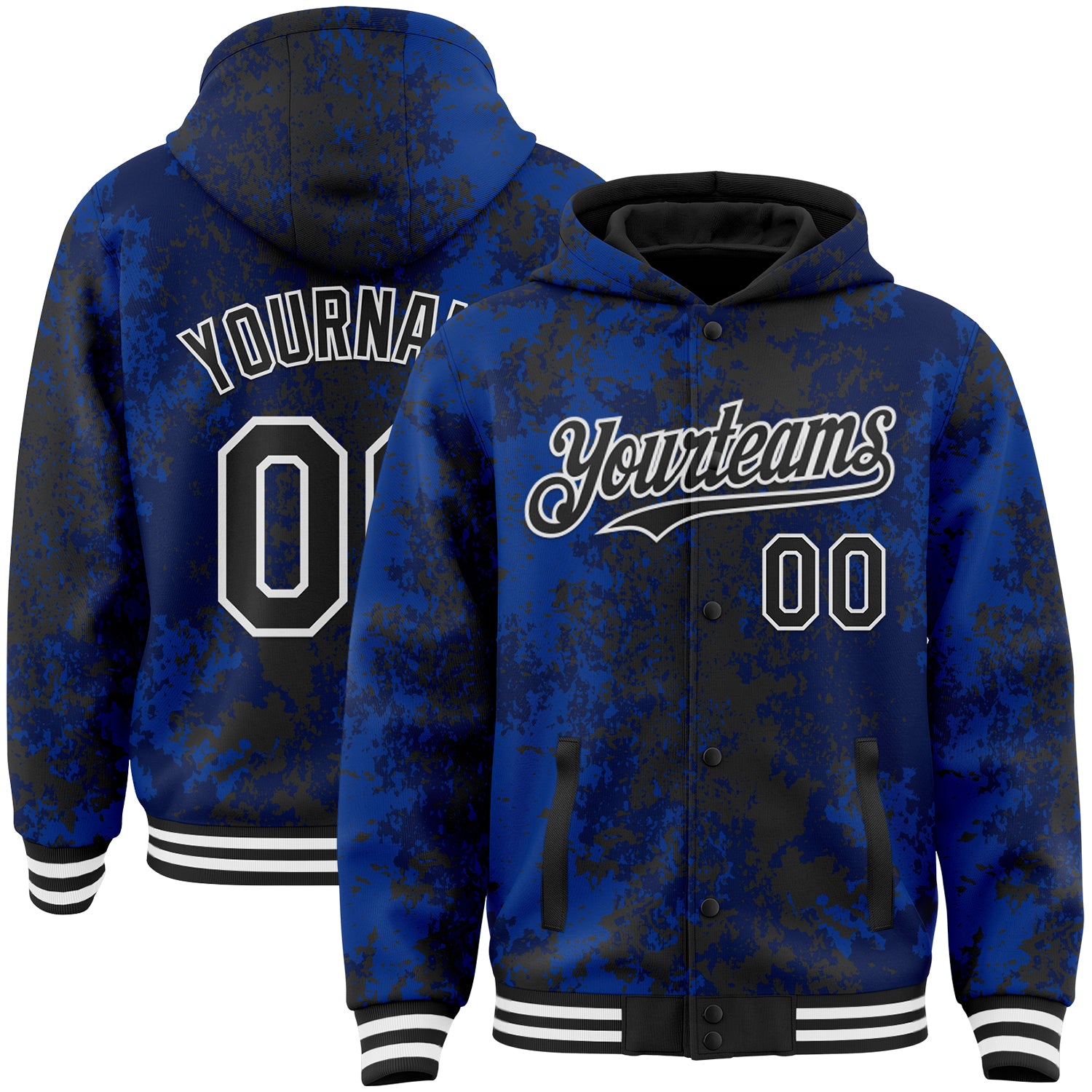 Custom Royal Black-White 3D Pattern Design Bomber Full-Snap Varsity Letterman Hoodie Jacket