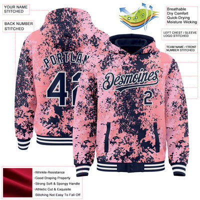 Custom Pink Navy-White 3D Pattern Design Bomber Full-Snap Varsity Letterman Hoodie Jacket