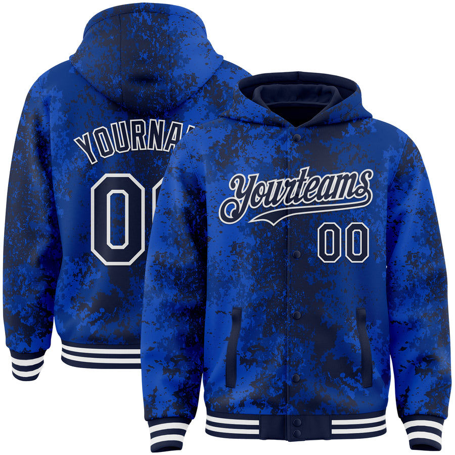 Custom Royal Navy-White 3D Pattern Design Bomber Full-Snap Varsity Letterman Hoodie Jacket
