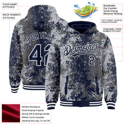 Custom Gray Navy-White 3D Pattern Design Bomber Full-Snap Varsity Letterman Hoodie Jacket