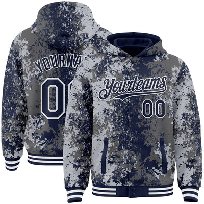 Custom Gray Navy-White 3D Pattern Design Bomber Full-Snap Varsity Letterman Hoodie Jacket