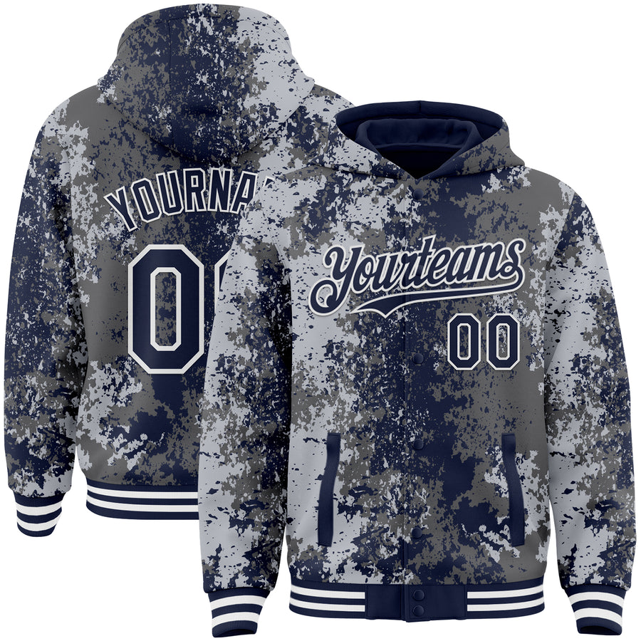 Custom Gray Navy-White 3D Pattern Design Bomber Full-Snap Varsity Letterman Hoodie Jacket