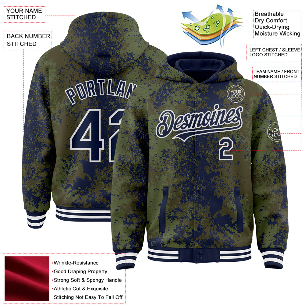 Custom Olive Navy-White 3D Pattern Design Bomber Full-Snap Varsity Letterman Hoodie Jacket