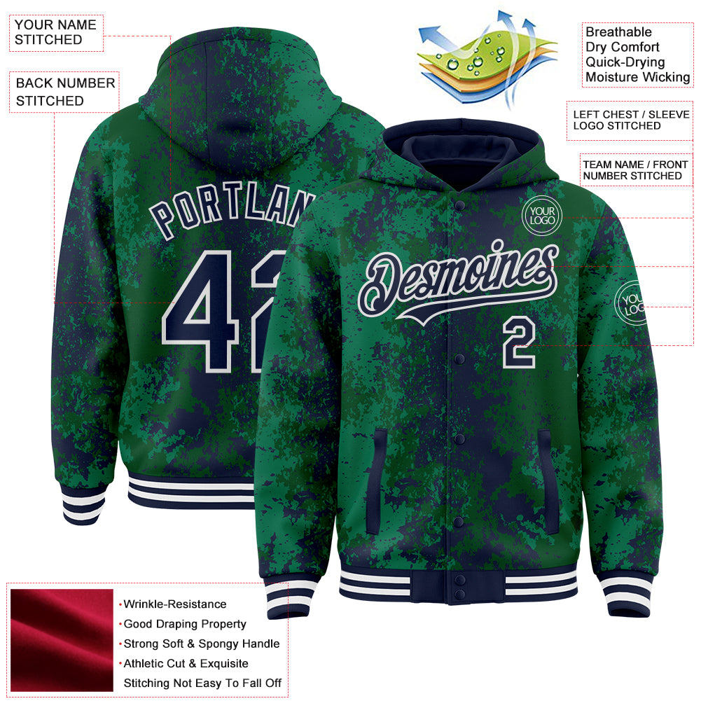 Custom Green Navy-White 3D Pattern Design Bomber Full-Snap Varsity Letterman Hoodie Jacket