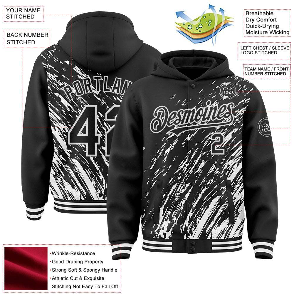 Custom Black Black-White 3D Pattern Design Bomber Full-Snap Varsity Letterman Hoodie Jacket