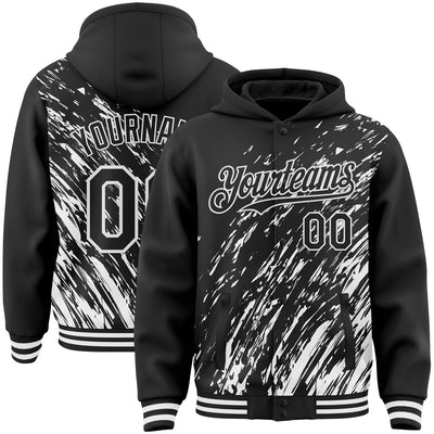 Custom Black Black-White 3D Pattern Design Bomber Full-Snap Varsity Letterman Hoodie Jacket