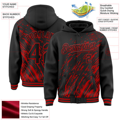 Custom Black Black-Red 3D Pattern Design Bomber Full-Snap Varsity Letterman Hoodie Jacket