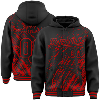 Custom Black Black-Red 3D Pattern Design Bomber Full-Snap Varsity Letterman Hoodie Jacket