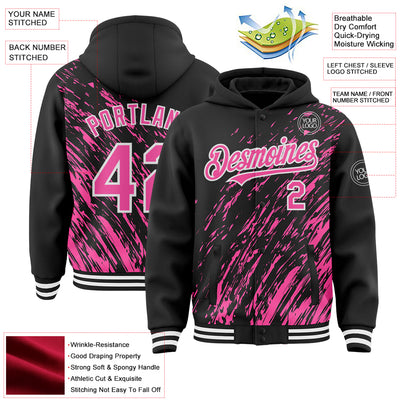 Custom Black Pink-White 3D Pattern Design Bomber Full-Snap Varsity Letterman Hoodie Jacket
