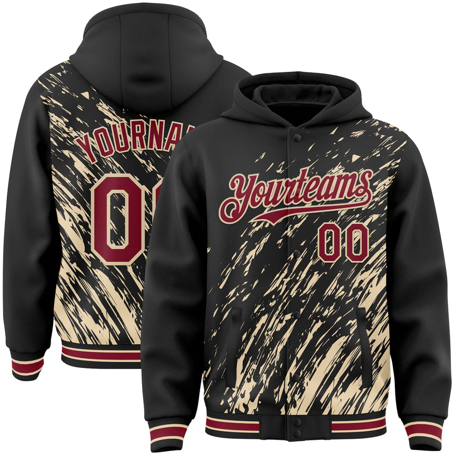 Custom Black Crimson-City Cream 3D Pattern Design Bomber Full-Snap Varsity Letterman Hoodie Jacket
