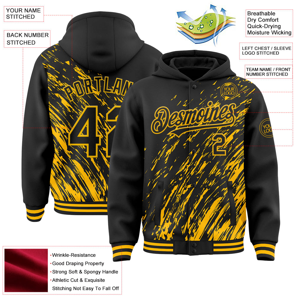 Custom Black Black-Gold 3D Pattern Design Bomber Full-Snap Varsity Letterman Hoodie Jacket