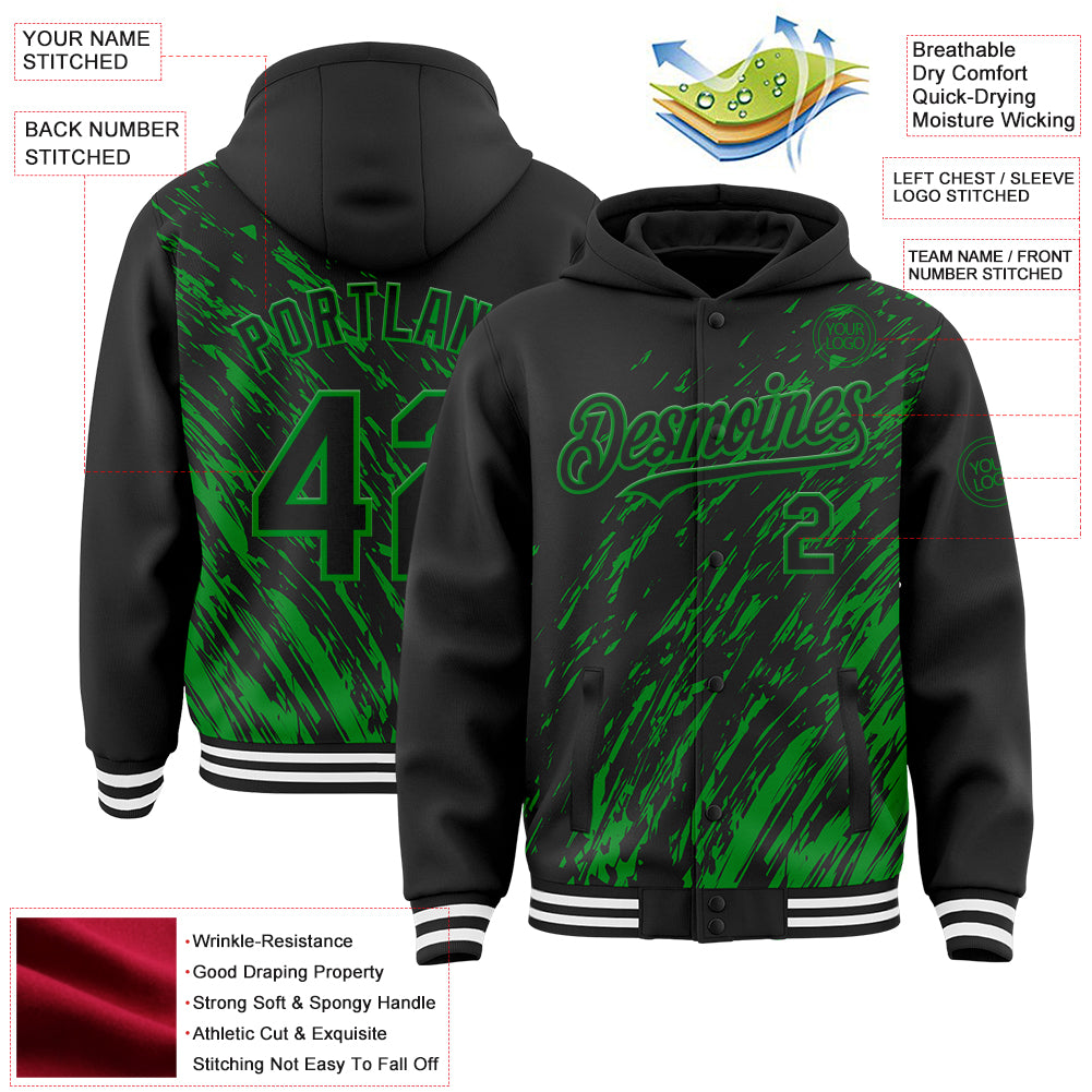 Custom Black Black-Grass Green 3D Pattern Design Bomber Full-Snap Varsity Letterman Hoodie Jacket