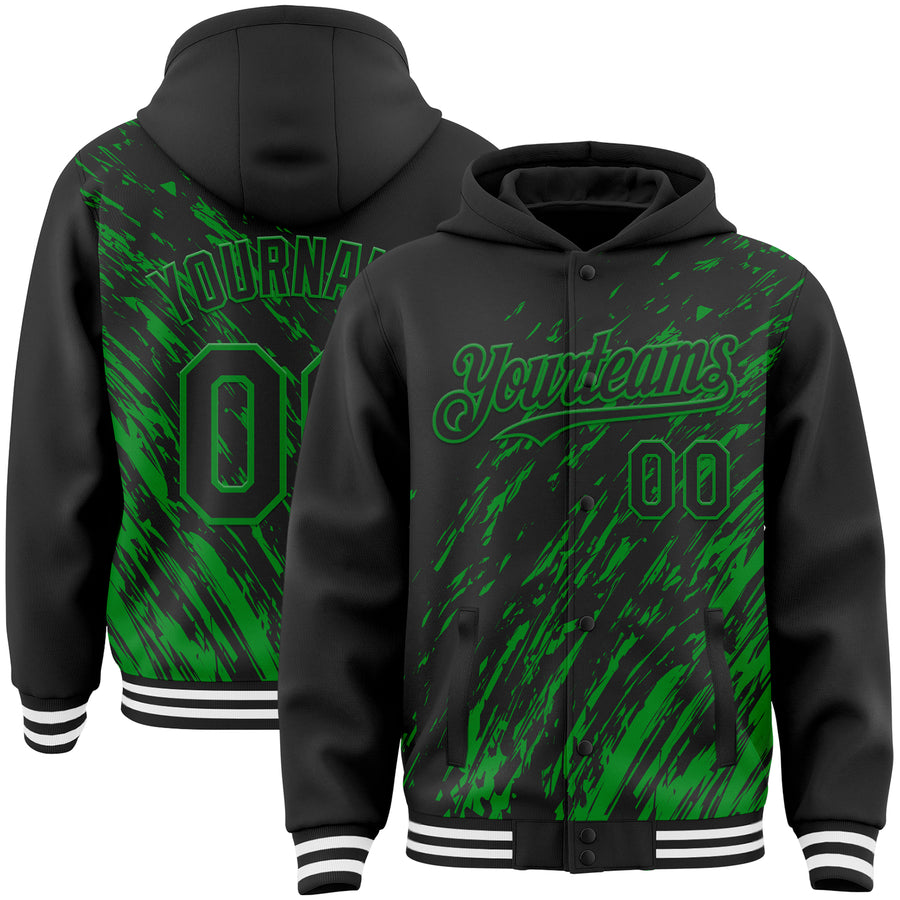 Custom Black Black-Grass Green 3D Pattern Design Bomber Full-Snap Varsity Letterman Hoodie Jacket