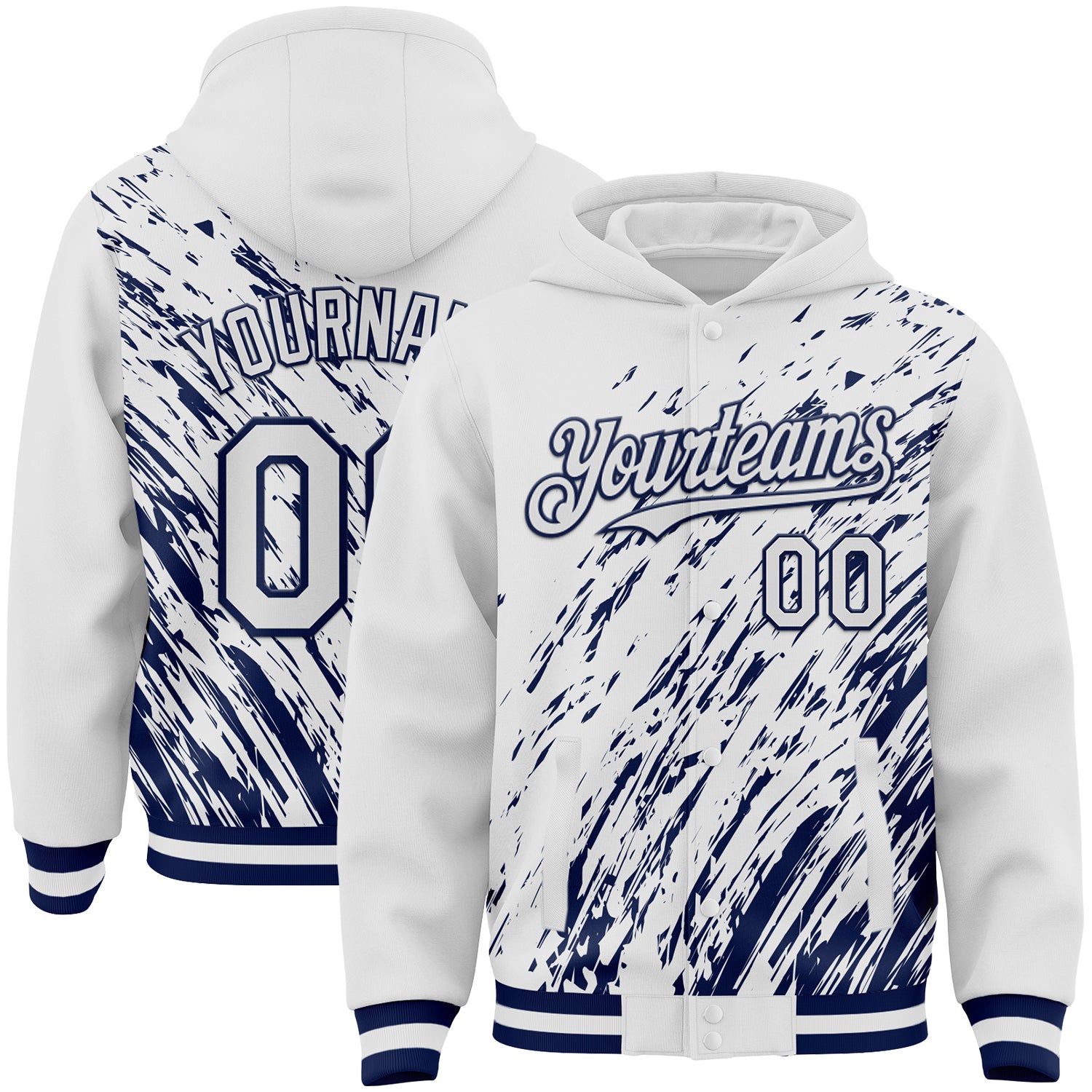 Custom White White-Navy 3D Pattern Design Bomber Full-Snap Varsity Letterman Hoodie Jacket