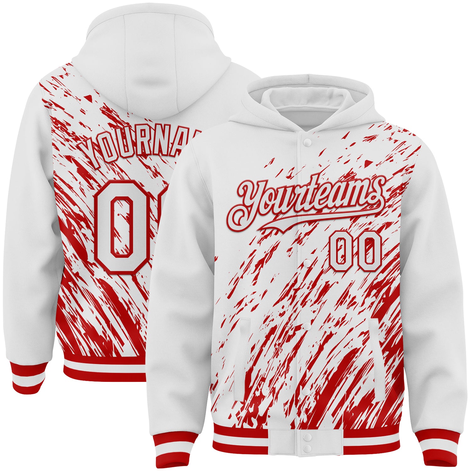 Custom White White-Red 3D Pattern Design Bomber Full-Snap Varsity Letterman Hoodie Jacket