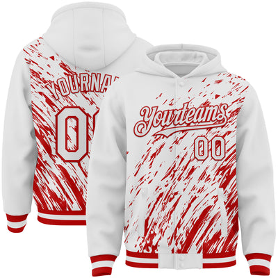 Custom White White-Red 3D Pattern Design Bomber Full-Snap Varsity Letterman Hoodie Jacket