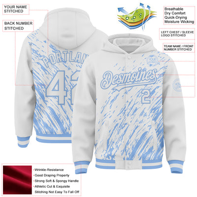 Custom White White-Light Blue 3D Pattern Design Bomber Full-Snap Varsity Letterman Hoodie Jacket