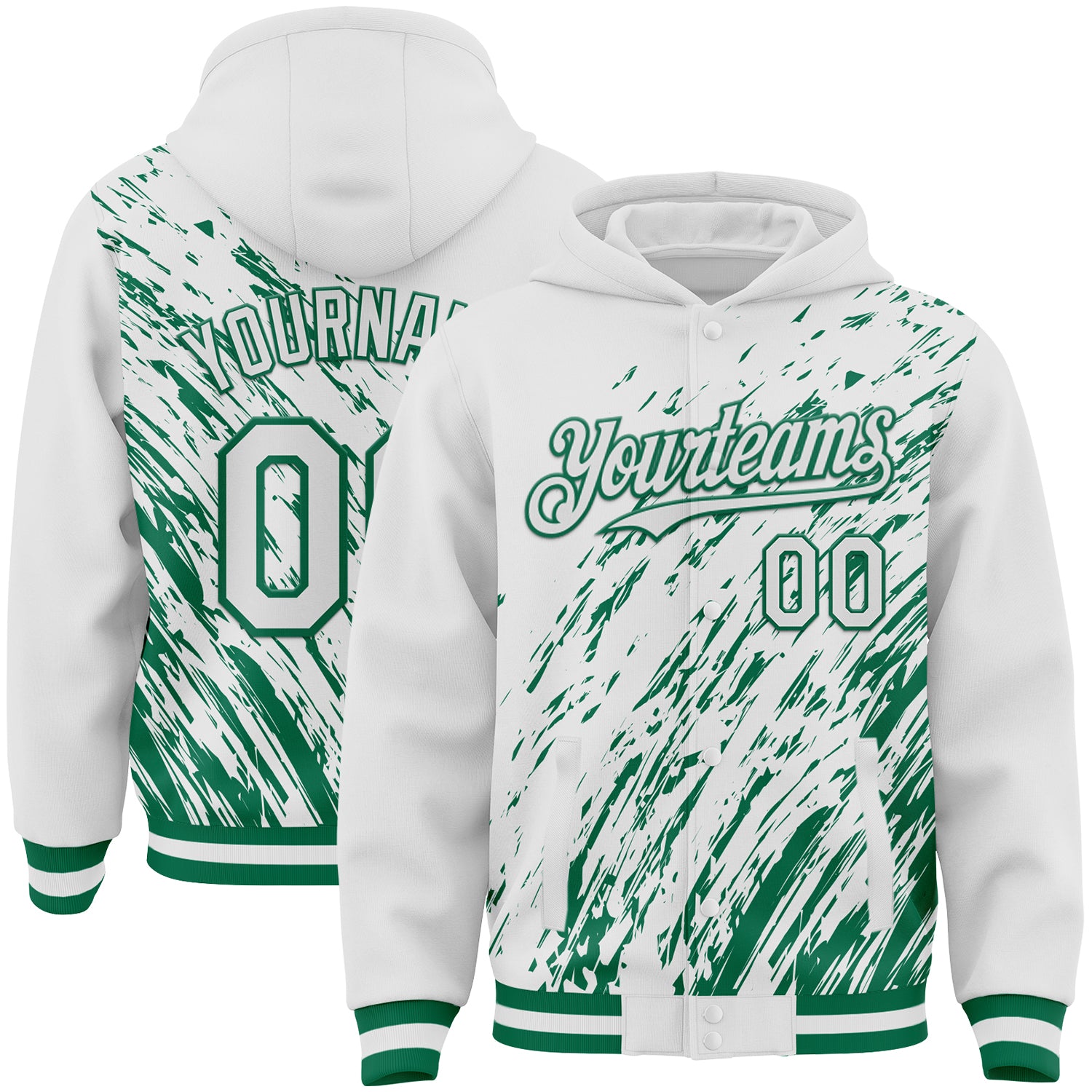 Custom White White-Kelly Green 3D Pattern Design Bomber Full-Snap Varsity Letterman Hoodie Jacket