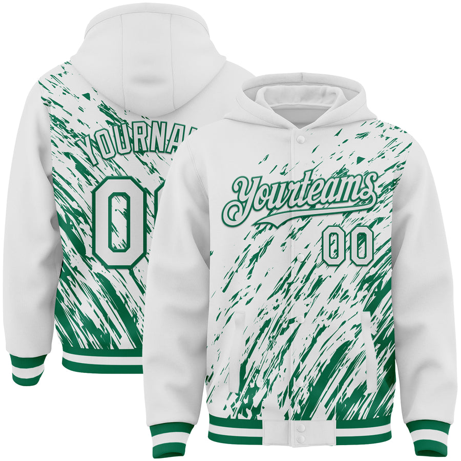 Custom White White-Kelly Green 3D Pattern Design Bomber Full-Snap Varsity Letterman Hoodie Jacket