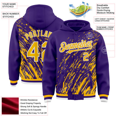 Custom Purple Gold-White 3D Pattern Design Bomber Full-Snap Varsity Letterman Hoodie Jacket