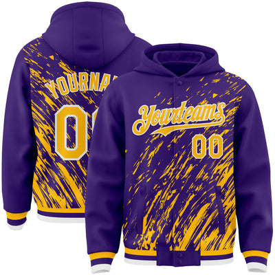 Custom Purple Gold-White 3D Pattern Design Bomber Full-Snap Varsity Letterman Hoodie Jacket