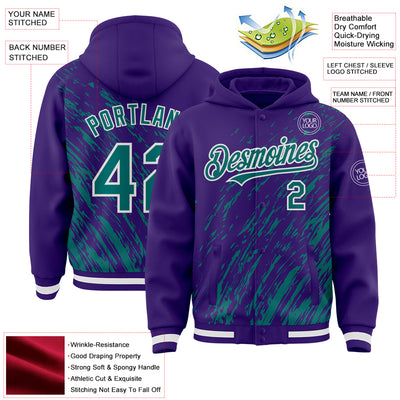 Custom Purple Teal-White 3D Pattern Design Bomber Full-Snap Varsity Letterman Hoodie Jacket