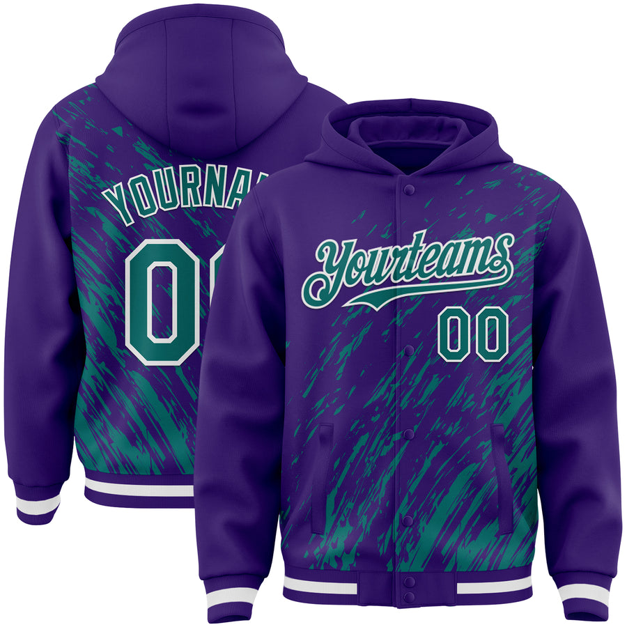 Custom Purple Teal-White 3D Pattern Design Bomber Full-Snap Varsity Letterman Hoodie Jacket