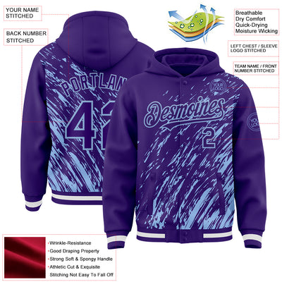 Custom Purple Purple-Light Blue 3D Pattern Design Bomber Full-Snap Varsity Letterman Hoodie Jacket