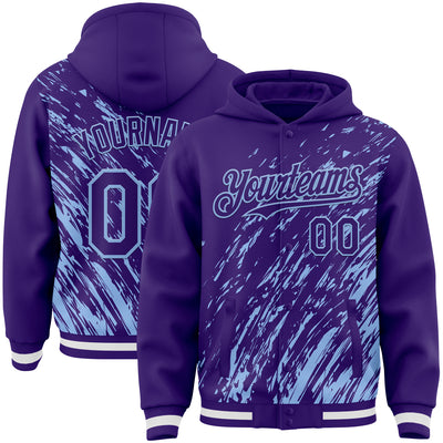 Custom Purple Purple-Light Blue 3D Pattern Design Bomber Full-Snap Varsity Letterman Hoodie Jacket