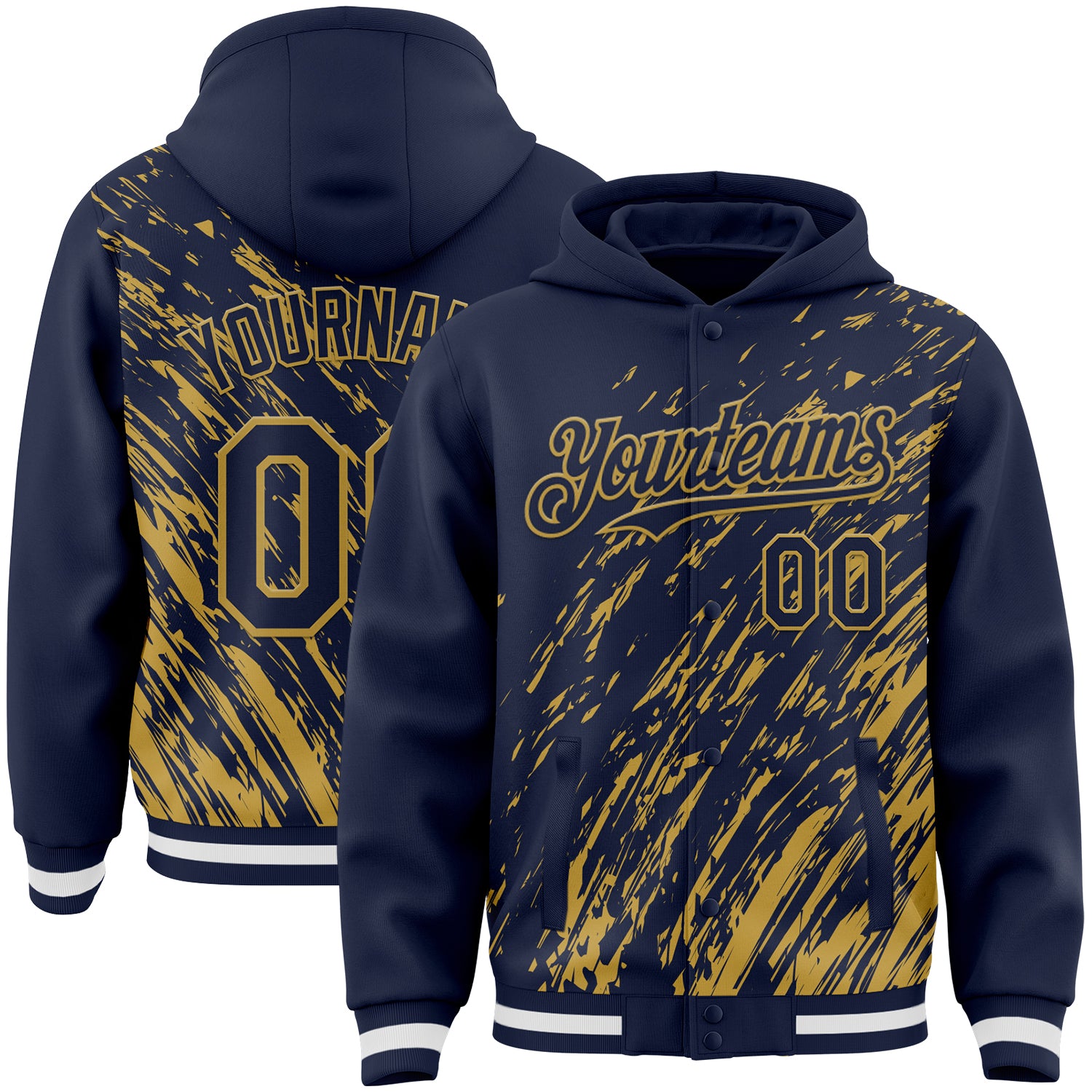 Custom Navy Navy-Old Gold 3D Pattern Design Bomber Full-Snap Varsity Letterman Hoodie Jacket