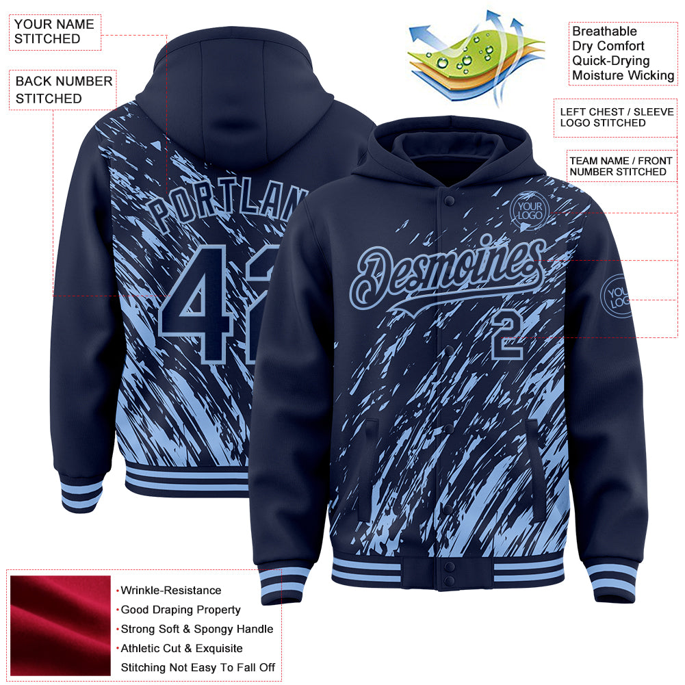 Custom Navy Navy-Light Blue 3D Pattern Design Bomber Full-Snap Varsity Letterman Hoodie Jacket