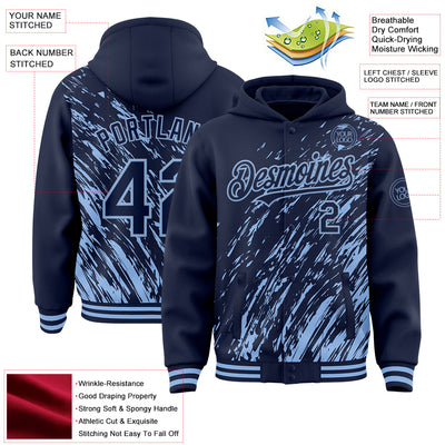 Custom Navy Navy-Light Blue 3D Pattern Design Bomber Full-Snap Varsity Letterman Hoodie Jacket
