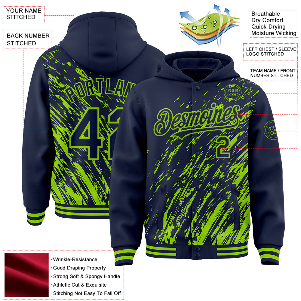 Custom Navy Navy-Neon Green 3D Pattern Design Bomber Full-Snap Varsity Letterman Hoodie Jacket