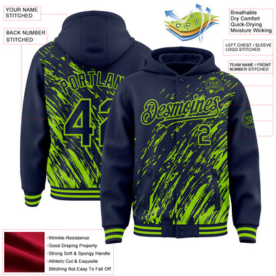 Custom Navy Navy-Neon Green 3D Pattern Design Bomber Full-Snap Varsity Letterman Hoodie Jacket