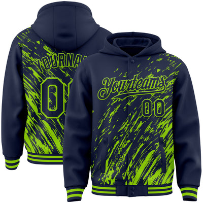 Custom Navy Navy-Neon Green 3D Pattern Design Bomber Full-Snap Varsity Letterman Hoodie Jacket